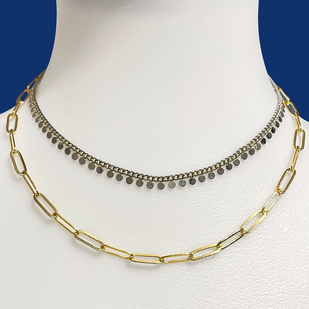Layered Chain Necklace Mixed Metal Choker Collar Gold Tone Paperclip Oval Link